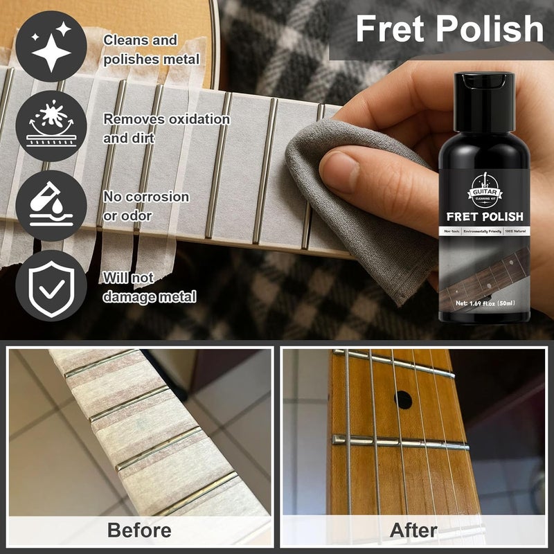 WAN2TLK 8Pcs Guitar Cleaning Kit, Guitar Maintenance Kit Includes Fret Polish, Cleaning Solution, Fretboard Lemon Oil, String Cleaning & Polish, String Cleaner, String Tuner, Masking Tape, 2 Cloth - Image 2